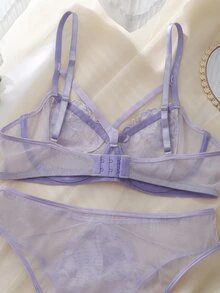 DelicateAllure Women's Elegant Floral Embroidered Mesh Lingerie Set - Mauve Purple - View 11