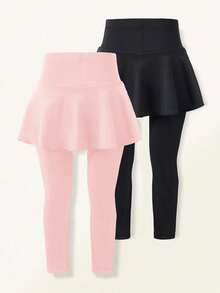 SHEIN Elladie kids 2件組 青少年女孩紫色與棕色裙子附內搭褲，蝴蝶結印花，高腰彈性休閒裙，適合學校、游泳、芭蕾、舞蹈、秋季穿著 - 黑色 - 查看 3