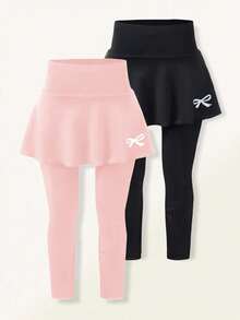 SHEIN Elladie kids 2件組 青少年女孩紫色與棕色裙子附內搭褲，蝴蝶結印花，高腰彈性休閒裙，適合學校、游泳、芭蕾、舞蹈、秋季穿著 - 黑色 - 查看 4