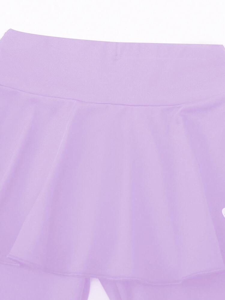 2pcs/Set Tween Girls Pink Skirt With Leggings, Bow Print, High Waist, Stretchy Casual Outfit For School, Ballet, Dance, Autumn/Fall & Winter - Purple - View 4