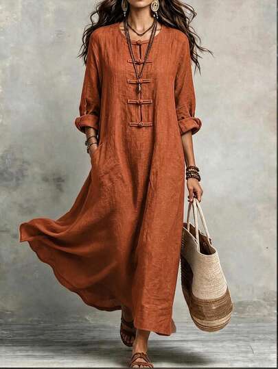 Omancia Robe longue pour femme à col rond, manches longues, boutons grenouille et poches, robe décontractée, robe d'automne, tenue de vacances pour femme, robe de vacances à la plage, tenue d'automne/hiver pour femme, robe longue pour femme