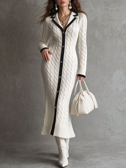 LUMIGAL Women's Cable Knit Contrast White And Black Trim Blazer Collar Single-Breasted Metal Button Long Sleeve Fitted Split Hem Bodycon Sweater Dress