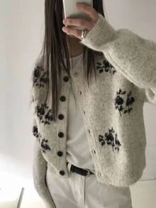 DAZY Cream White Round Neck Black Floral Jacquard Pattern Single-Breasted Loose Long Sleeve Casual Knit Cardigan Winter - Grey - View 1