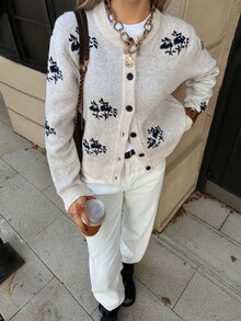 DAZY Cream White Round Neck Black Floral Jacquard Pattern Single-Breasted Loose Long Sleeve Casual Knit Cardigan Winter - Grey - View 3