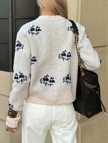 DAZY Cream White Round Neck Black Floral Jacquard Pattern Single-Breasted Loose Long Sleeve Casual Knit Cardigan Winter - Grey - View 2