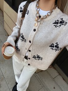 DAZY Cream White Round Neck Black Floral Jacquard Pattern Single-Breasted Loose Long Sleeve Casual Knit Cardigan Winter - Grey - View 5