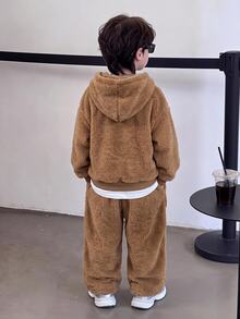 SHEIN 兒童青少年男孩毛絨連帽字母刺繡寬鬆運動衫，適合秋冬校園、運動、出遊、聚會，百搭百用 - 棕色 - 查看 5