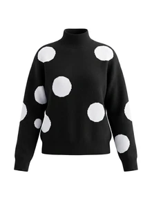 Balvessa Asymmetrical Polka Dot Jacquard Semi-High Neck Ribbed Hem Minimalist Casual Versatile Slouchy Women's Sweater - Multicolor - View 4
