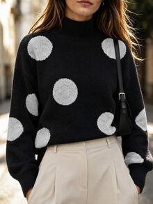 Balvessa Asymmetrical Polka Dot Jacquard Semi-High Neck Ribbed Hem Minimalist Casual Versatile Slouchy Women's Sweater - Multicolor - View 1