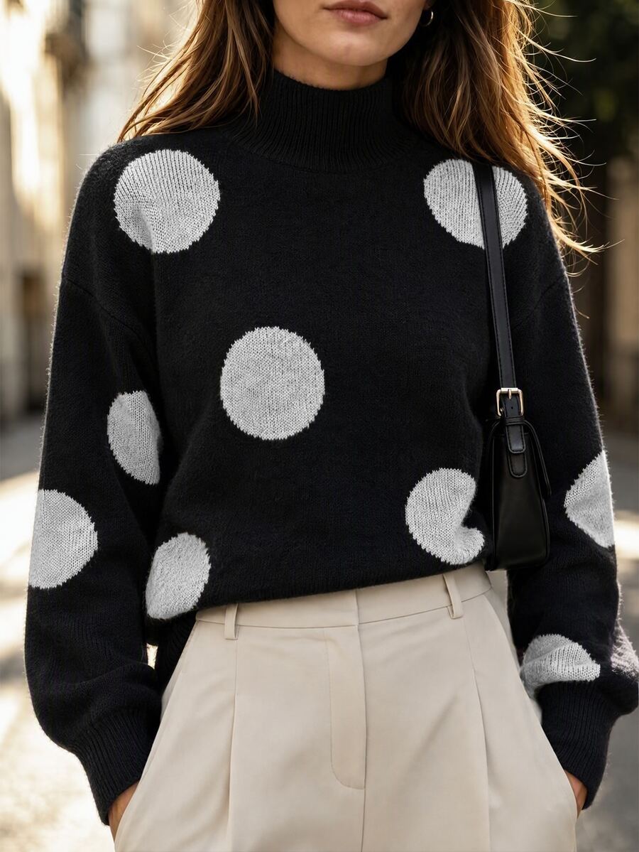 Balvessa Asymmetrical Polka Dot Jacquard Semi-High Neck Ribbed Hem Minimalist Casual Versatile Slouchy Women's Sweater - Multicolor - View 1