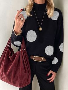 Balvessa Asymmetrical Polka Dot Jacquard Semi-High Neck Ribbed Hem Minimalist Casual Versatile Slouchy Women's Sweater - Multicolor - View 6