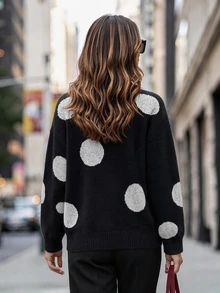 Balvessa Asymmetrical Polka Dot Jacquard Semi-High Neck Ribbed Hem Minimalist Casual Versatile Slouchy Women's Sweater - Multicolor - View 2