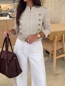 Aloruh Women's Oatmeal Color Wide Shoulder Napoleon Button Coat Autumn Winter - Khaki - View 6