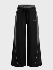 SWAVVY Men's Woven Fashion Casual Loose Striped Patchwork Waist Straight Leg Pants - Black - View 3