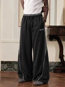 SWAVVY Men's Woven Fashion Casual Loose Striped Patchwork Waist Straight Leg Pants - Black - View 1