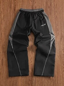 SWAVVY Men's Woven Fashion Casual Loose Striped Patchwork Waist Straight Leg Pants - Black - View 2