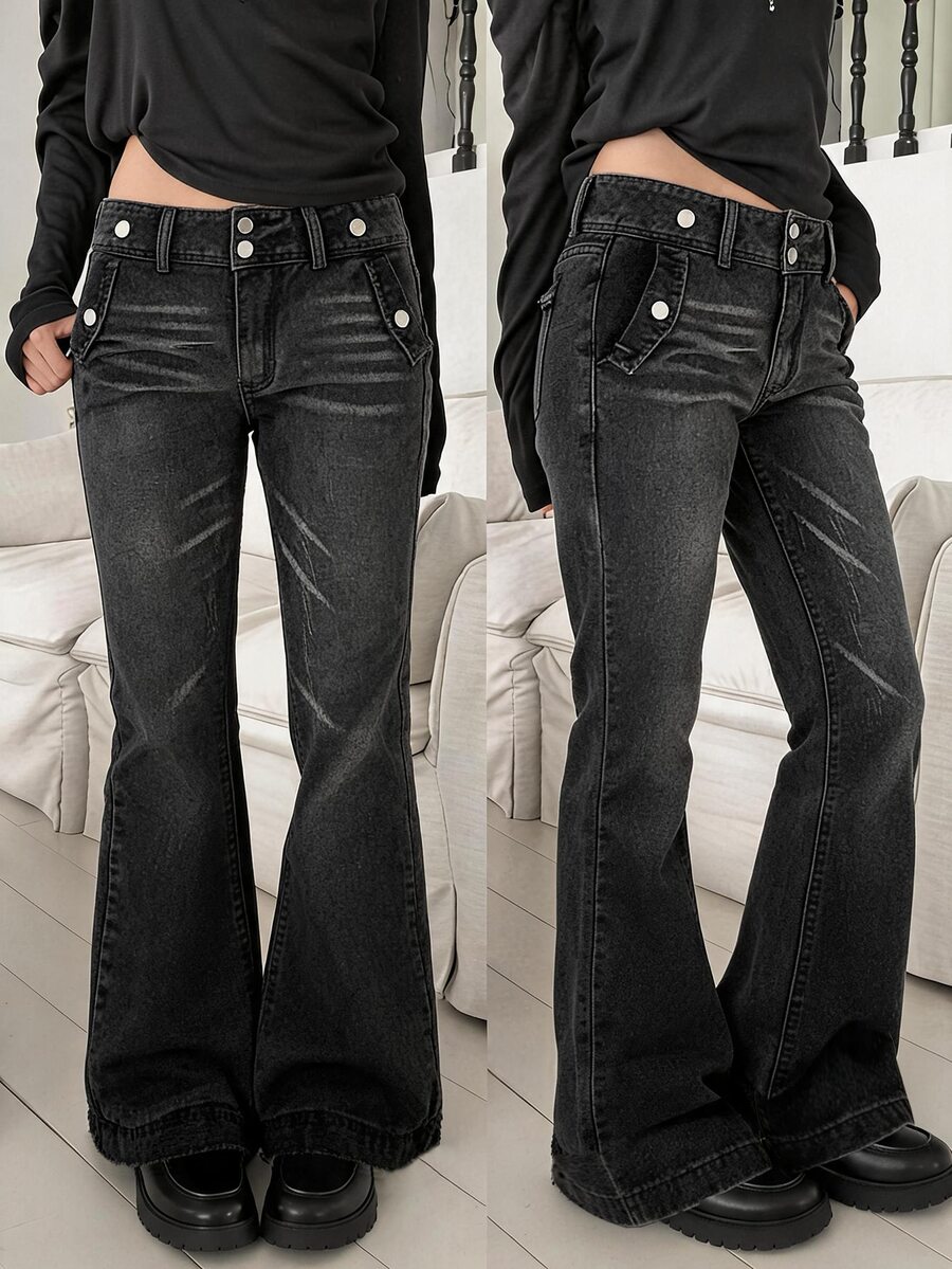 Rivivi Celana Jeans Denim Cuci Model Y2K Wanita Pinggang Sedang dengan Dekorasi Kancing Ganda - Hitam - View 1
