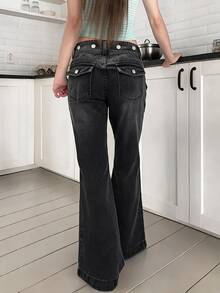 Rivivi Celana Jeans Denim Cuci Model Y2K Wanita Pinggang Sedang dengan Dekorasi Kancing Ganda - Hitam - View 2