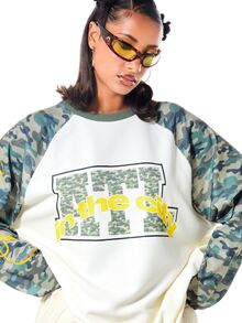 SUMWON WOMEN Oversized Waffle Knit Raglan Long Sleeve Top With Camo Sleeves And City Graphic Print For Fall Winter - Multicolor - View 5
