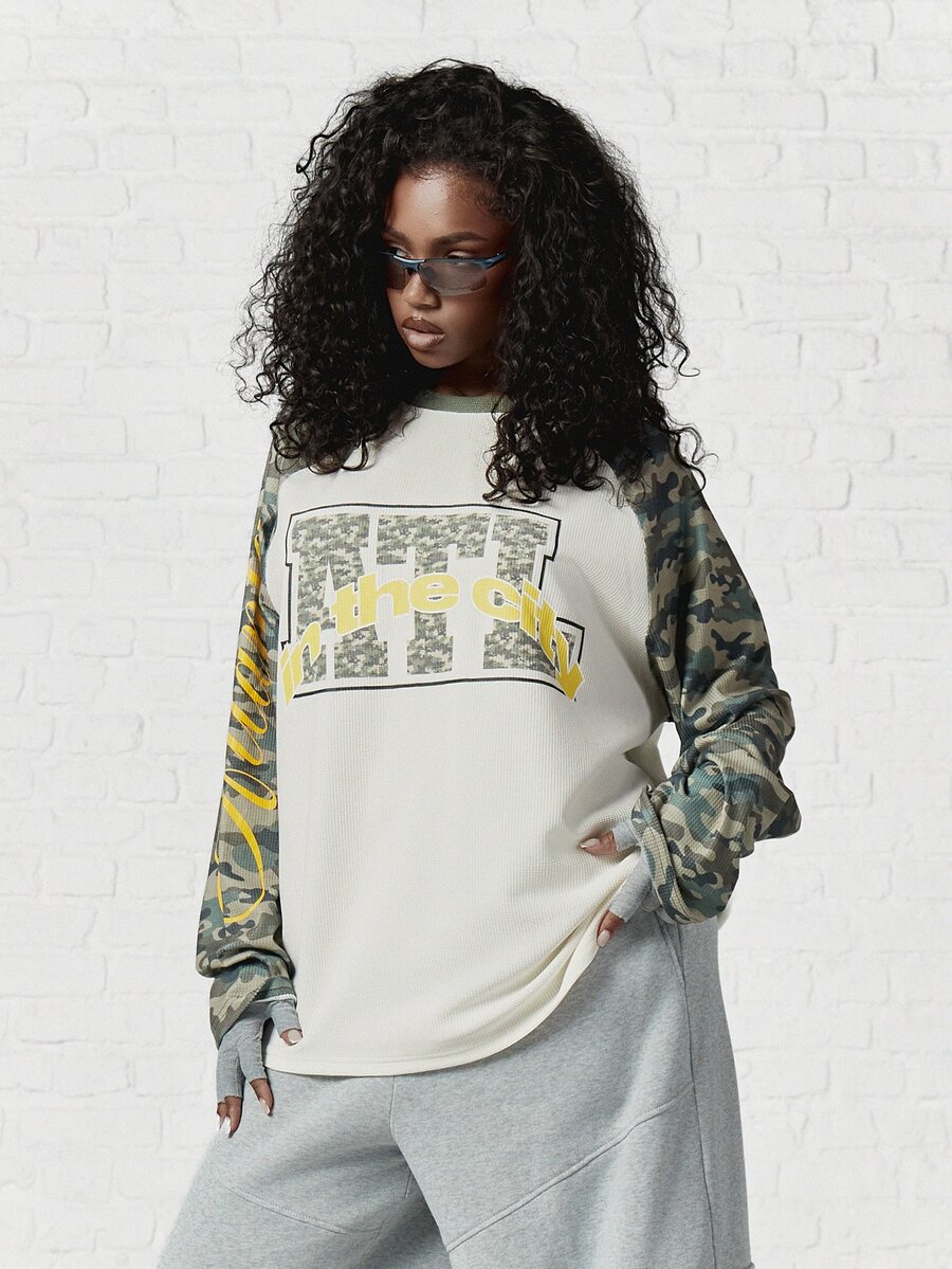 SUMWON WOMEN Oversized Waffle Knit Raglan Long Sleeve Top With Camo Sleeves And City Graphic Print For Fall Winter - Multicolor - View 1