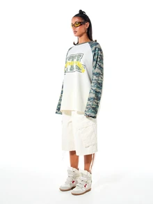 SUMWON WOMEN Oversized Waffle Knit Raglan Long Sleeve Top With Camo Sleeves And City Graphic Print For Fall Winter - Multicolor - View 4