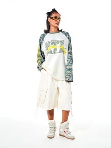SUMWON WOMEN Oversized Waffle Knit Raglan Long Sleeve Top With Camo Sleeves And City Graphic Print For Fall Winter - Multicolor - View 6