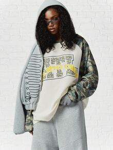 SUMWON WOMEN Oversized Waffle Knit Raglan Long Sleeve Top With Camo Sleeves And City Graphic Print For Fall Winter - Multicolor - View 7