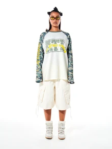SUMWON WOMEN Oversized Waffle Knit Raglan Long Sleeve Top With Camo Sleeves And City Graphic Print For Fall Winter - Multicolor - View 3