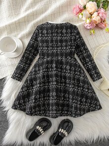 SHEIN 女童時尚緹花3D蝴蝶結裝飾長袖洋裝 - 黑與白 - 查看 5