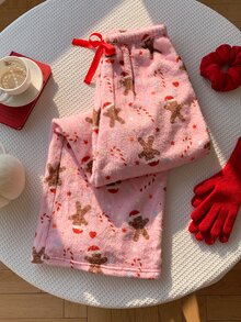 Comfortcana بنطلون طويل للنساء بطبعة رجل الزنجبيل الكرتونية مع فيونكة ورباط سحب - وردي - مشاهدة 2