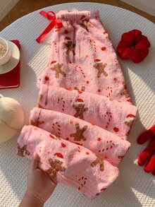 Comfortcana بنطلون طويل للنساء بطبعة رجل الزنجبيل الكرتونية مع فيونكة ورباط سحب - وردي - مشاهدة 8