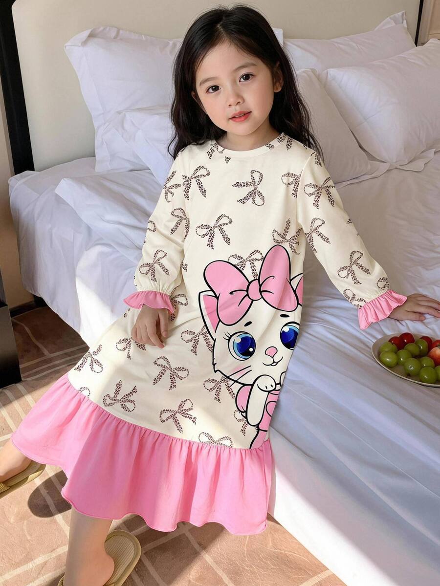 SHEIN Young Girl 秋冬季甜美卡通蝴蝶結豹紋拼接荷葉邊長袖圓領套頭長洋裝居家服 粉色 - 粉色 - 查看 1