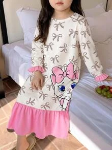 SHEIN Young Girl 秋冬季甜美卡通蝴蝶結豹紋拼接荷葉邊長袖圓領套頭長洋裝居家服 粉色 - 粉色 - 查看 6