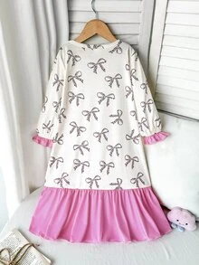 SHEIN Young Girl 秋冬季甜美卡通蝴蝶結豹紋拼接荷葉邊長袖圓領套頭長洋裝居家服 粉色 - 粉色 - 查看 2