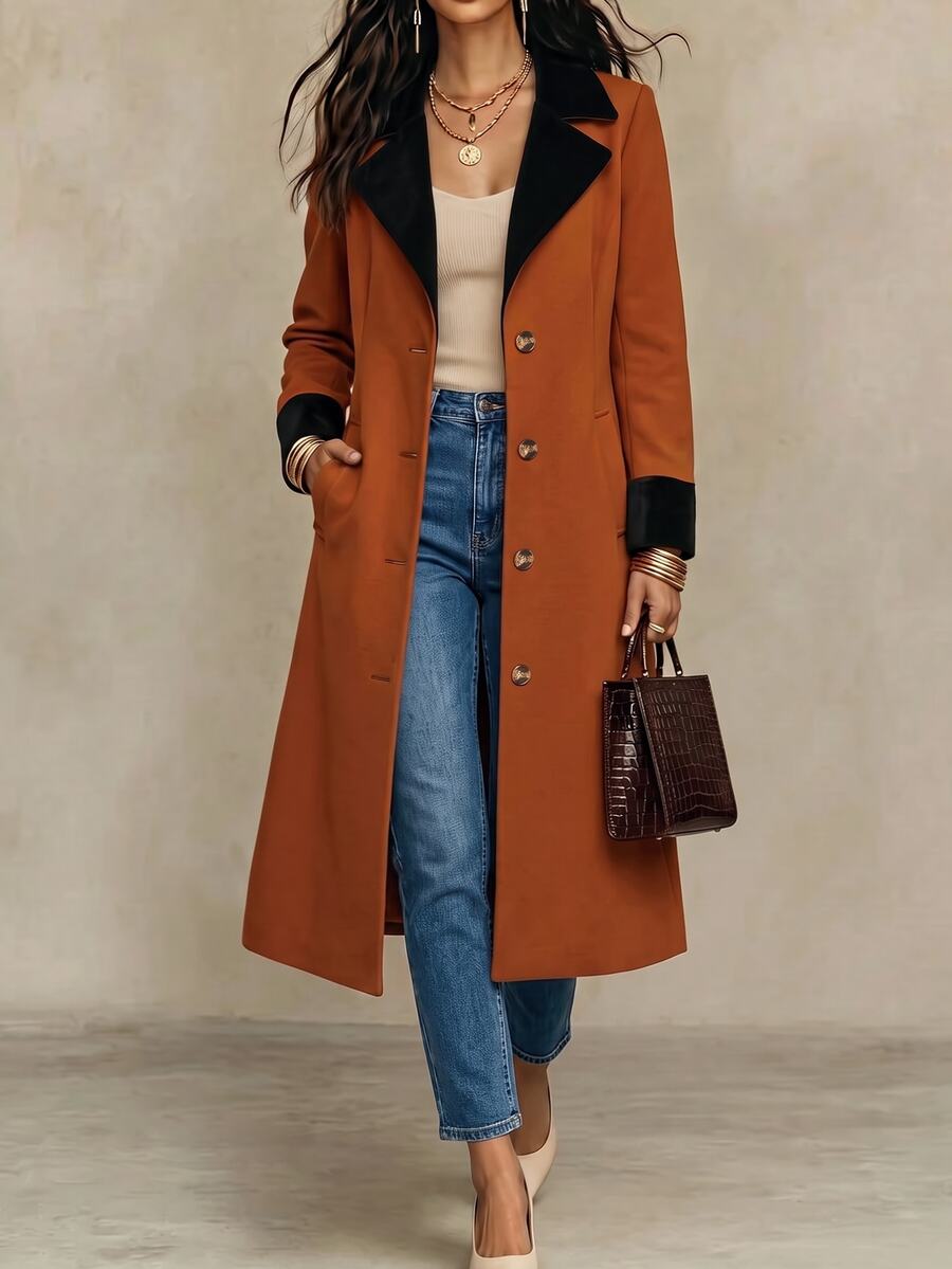 SHEIN 女款秋冬風衣、女款休閒風衣、女款休閒撞色風衣、優雅派對夾克 - 彩色 - 查看 1
