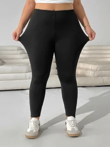 Solflare New Fall/Winter Plus Size Black High-Waist Stretch Knit Anti-Static Leggings For Casual Daily Wear, Home, Work, School, Dates, Outings & Sports - Black - View 4