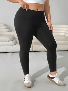 Solflare New Fall/Winter Plus Size Black High-Waist Stretch Knit Anti-Static Leggings For Casual Daily Wear, Home, Work, School, Dates, Outings & Sports - Black - View 5