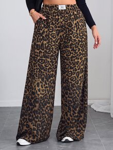 SHEIN Tall CURVE Plus Size Women Leopard Print Letter Applique Pocket Wide Leg Casual Pants - Multicolor - View 7