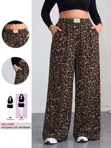 SHEIN Tall CURVE Plus Size Women Leopard Print Letter Applique Pocket Wide Leg Casual Pants - Multicolor - View 1