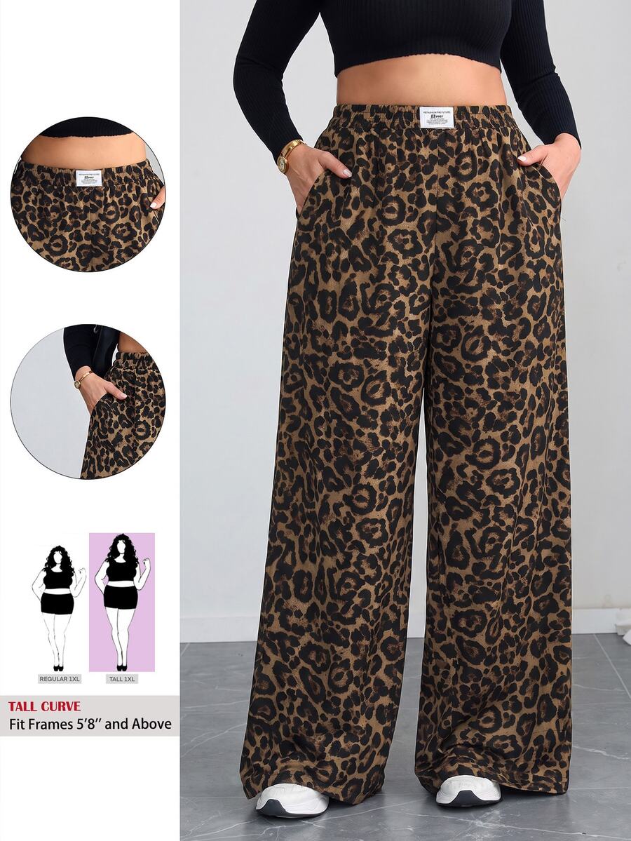 SHEIN Tall CURVE Plus Size Women Leopard Print Letter Applique Pocket Wide Leg Casual Pants - Multicolor - View 1
