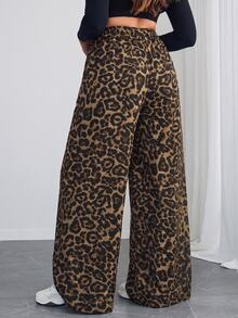 SHEIN Tall CURVE Plus Size Women Leopard Print Letter Applique Pocket Wide Leg Casual Pants - Multicolor - View 2