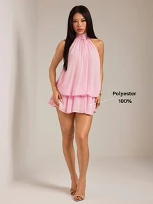 SHEIN PETITE 女款優雅淡粉色掛脖綁帶迷你洋裝，派對約會穿搭，適合秋冬/春夏，女款優雅洋裝 - 粉色 - 查看 7