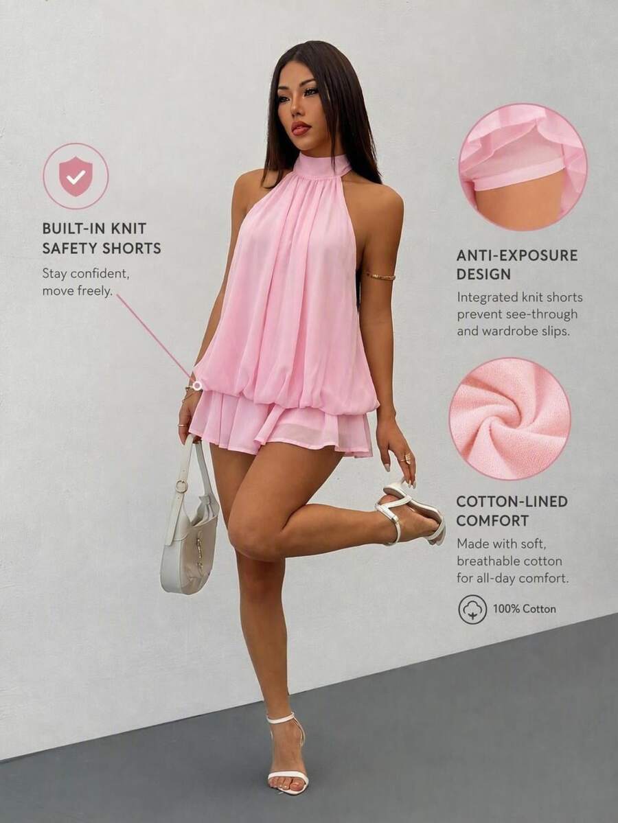 SHEIN PETITE 女款優雅淡粉色掛脖綁帶迷你洋裝,派對約會穿搭,適合秋冬/春夏,女款優雅洋裝 - 粉色 - 查看 1