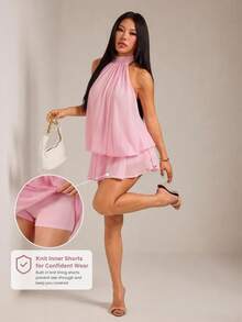 SHEIN PETITE 女款優雅淡粉色掛脖綁帶迷你洋裝，派對約會穿搭，適合秋冬/春夏，女款優雅洋裝 - 粉色 - 查看 6