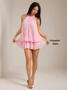 SHEIN PETITE 女款優雅淡粉色掛脖綁帶迷你洋裝，派對約會穿搭，適合秋冬/春夏，女款優雅洋裝 - 粉色 - 查看 10