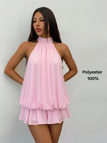 SHEIN PETITE 女款優雅淡粉色掛脖綁帶迷你洋裝，派對約會穿搭，適合秋冬/春夏，女款優雅洋裝 - 粉色 - 查看 4