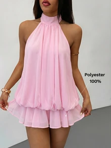 SHEIN PETITE 女款優雅淡粉色掛脖綁帶迷你洋裝，派對約會穿搭，適合秋冬/春夏，女款優雅洋裝 - 粉色 - 查看 5