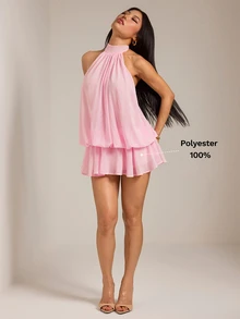 SHEIN PETITE 女款優雅淡粉色掛脖綁帶迷你洋裝，派對約會穿搭，適合秋冬/春夏，女款優雅洋裝 - 粉色 - 查看 9