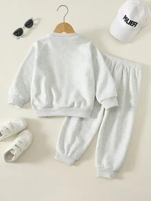 幼童男孩 2 件組秋冬休閒保暖內裡加厚 3D 字母印花運動衫套裝，幼兒套裝，秋冬服飾，街頭風 - 灰色 - 查看 3