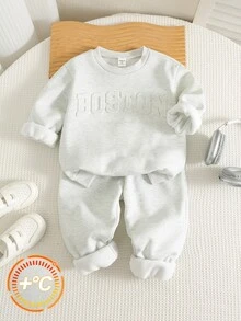 幼童男孩 2 件組秋冬休閒保暖內裡加厚 3D 字母印花運動衫套裝，幼兒套裝，秋冬服飾，街頭風 - 灰色 - 查看 7